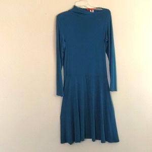 Ryan Roberts Teal Asymmetric Neck Knit Midi-dress